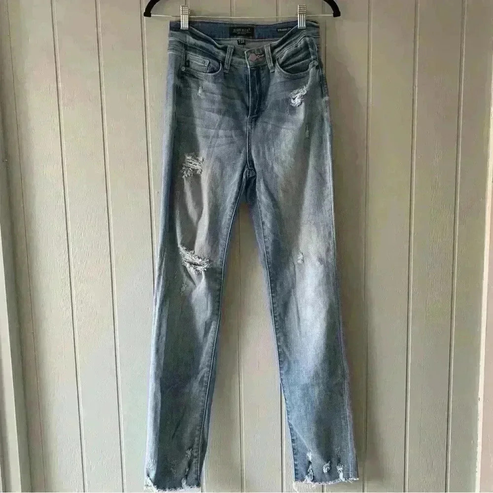 Judy Blue Slim Fit Destroyed Hem Straight Leg Denim 7 - Picture 3 of 15